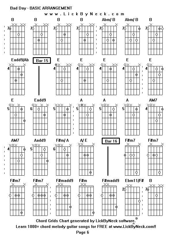 Chord Grids Chart of chord melody fingerstyle guitar song-Bad Day - BASIC ARRANGEMENT,generated by LickByNeck software.